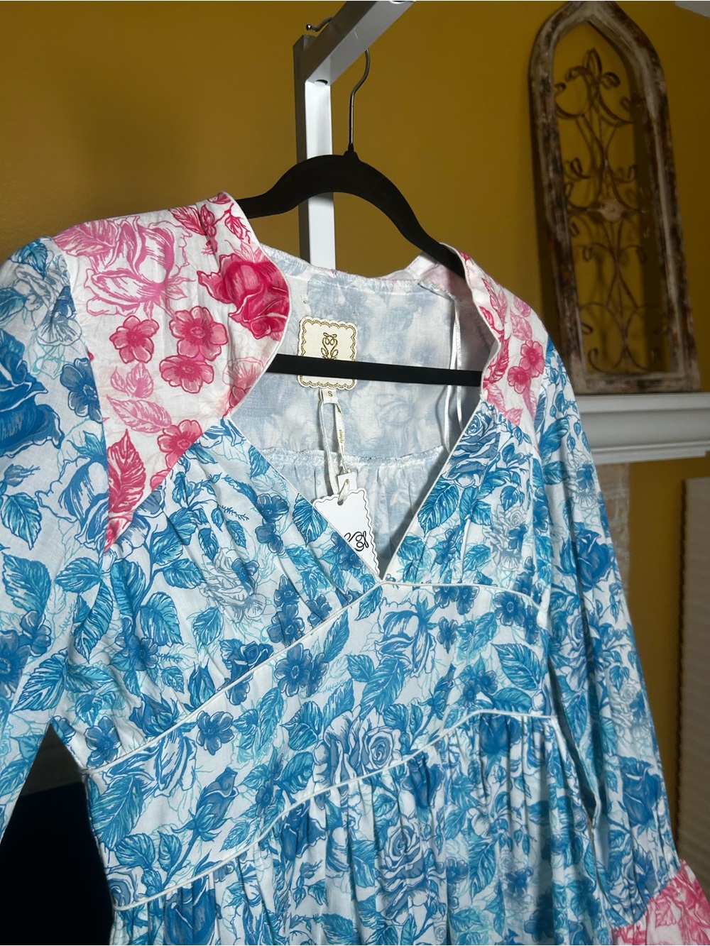 Simply Southern Blue Pink Floral Toile Ruffle Dress S Coastal old money #629 - Picture 4 of 12